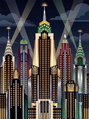 Art Deco Skyscrapers at Midnight Canvas Painting