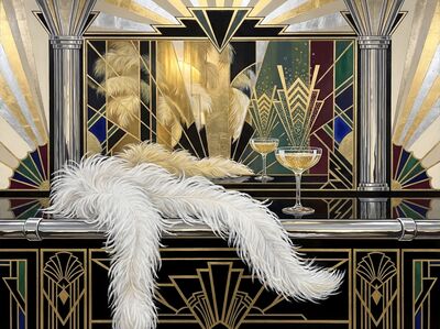 Art Deco Feather Boa and Champagne Canvas Painting