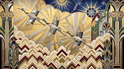 Art Deco Crane Birds in Flight Canvas Painting