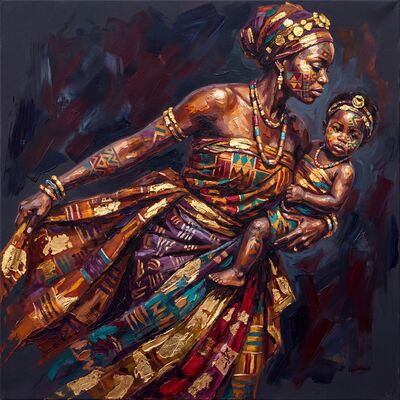 Kente Cloth Mother Child Canvas Painting