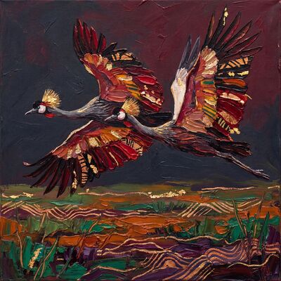 Crowned Cranes Over Marsh Canvas Wall Art