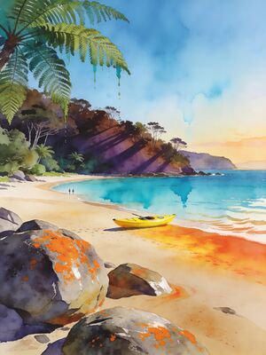 Abel Tasman Golden Sand Bays and Bush Watercolor Canvas Print