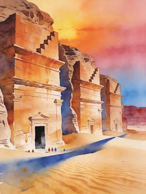 Al Ula Hegra Nabataean Tomb Facades Watercolor Canvas Print