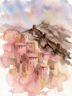 Albarracin Medieval Hilltop Town Watercolor Canvas Print