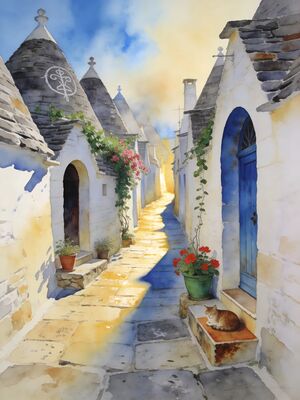 Alberobello Village Square Trulli Watercolor Canvas Print
