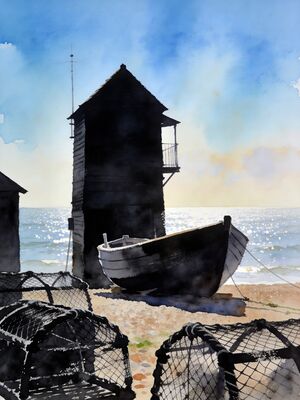 Aldeburgh Fishing Boats on Shingle Shore Watercolor Canvas Print