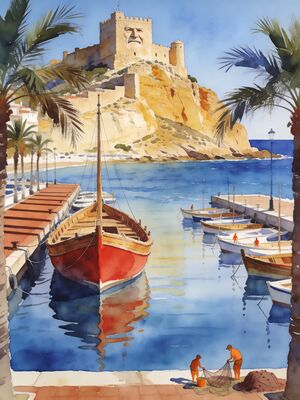 Alicante Fishing Boats Sheltered Bay Watercolor Canvas Print