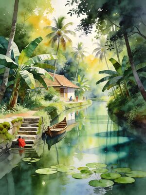 Alleppey Houseboat Sunset Canal Watercolor Canvas Print