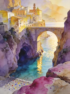 Amalfi Coast Dramatic Sunset Shore Watercolor Canvas Print