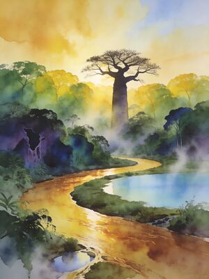 Amazon Rainforest Stilt Village on River Watercolor Canvas Print