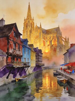 Amiens Cathedral Notre-Dame Saint-Leu Quarter Watercolor Canvas Print