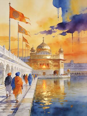 Amritsar Golden Temple at Night Watercolor Canvas Print