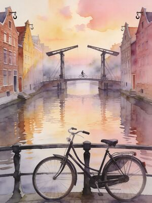 Amsterdam Canal Ring Sunset Watercolor Canvas Print