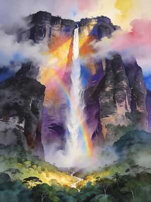 Angel Falls Morning Rainbow Through Mist Watercolor Canvas Print