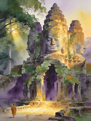 Angkor Thom Bayon Face Towers Watercolor Canvas Print