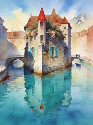 Annecy Palais de l'Isle Thiou Canal Watercolor Canvas Print
