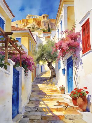 Athens Acropolis Parthenon Golden Light Watercolor Canvas Print