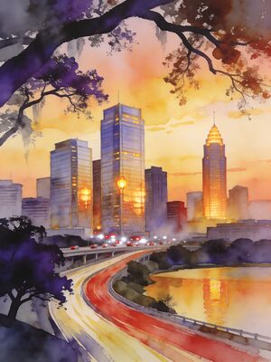 Atlanta Main Boulevard Street Scene Watercolor Canvas Print