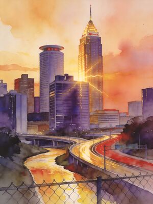 Atlanta Cityscape Night Glow Watercolor Canvas Print