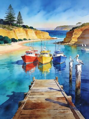 Australia Fishing Boats in Sheltered Bay Watercolor Canvas Print