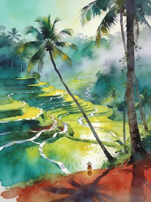 Bali Tanah Lot Sea Temple at Low Tide Watercolor Canvas Print