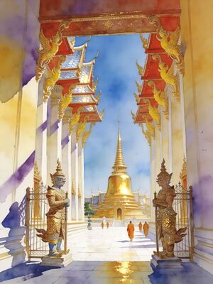 Bangkok Wat Arun Temple of Dawn at Sunset Watercolor Canvas Print