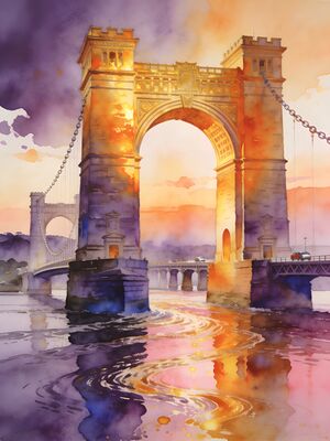 Bangor Menai Suspension Bridge at Sunset Watercolor Canvas Print