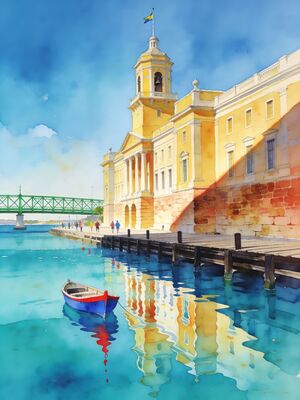 Barbados Bridgetown Boardwalk Harbor Watercolor Canvas Print