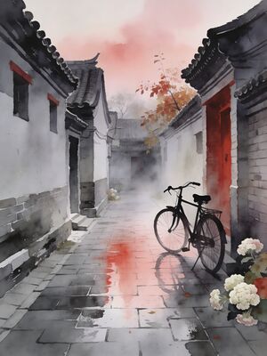 Beijing Historic Quarter Cobblestone Walk Watercolor Canvas Print