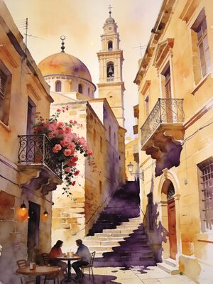Beirut Downtown Mosque Cathedral at Sunset Watercolor Canvas Print