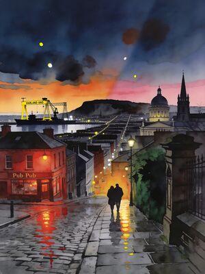 Belfast Rooftops and Church Spires at Dusk Watercolor Canvas Print