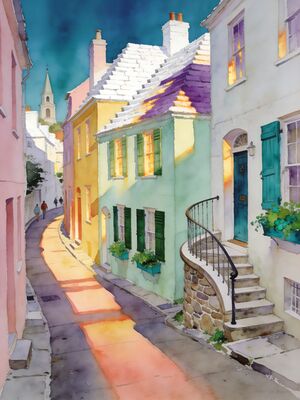 Bermuda Village Lane Golden Hour Watercolor Canvas Print