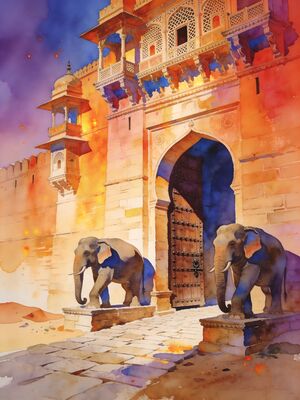 Bikaner Junagarh Fort Entrance Watercolor Canvas Print