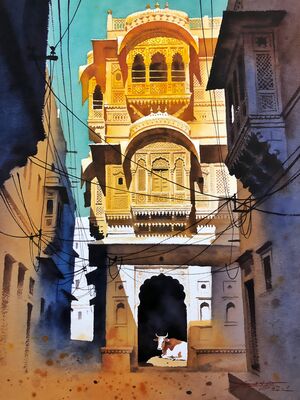 Bikaner Old City Haveli Street Watercolor Canvas Print