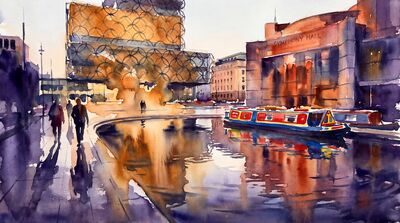 Birmingham Cityscape Night Glow Watercolor Canvas Print