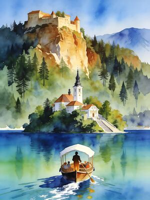 Bled Lakeside Dawn Watercolor Canvas Print