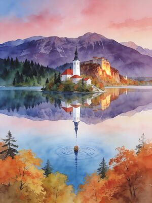 Bled Afternoon Reflection Watercolor Canvas Print