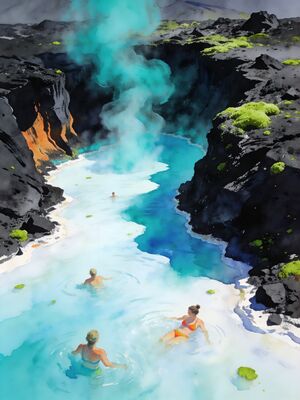 Blue Lagoon Iceland at Golden Hour Watercolor Canvas Print