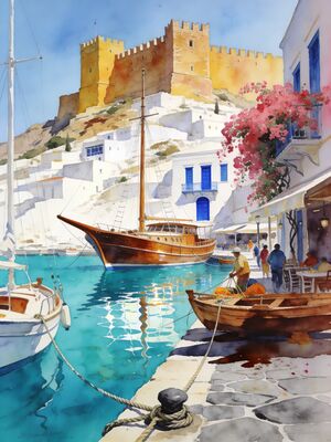 Bodrum Fishing Boats Sheltered Bay Watercolor Canvas Print
