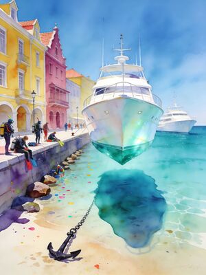 Bonaire Island Harbor with Boats Watercolor Canvas Print