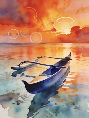 Bora Bora Lagoon Sunset with Outrigger Canoe Watercolor Canvas Print