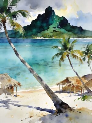 Bora Bora Matira Beach Coconut Palm Shore Watercolor Canvas Print