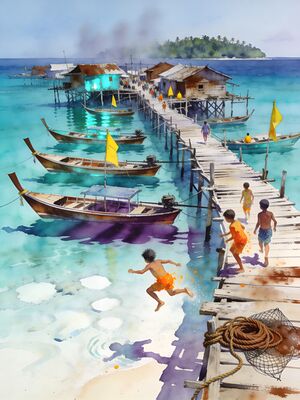 Borneo Island Harbor with Boats Watercolor Canvas Print