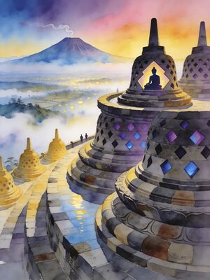 Borobudur Temple Stupas at Sunrise Watercolor Canvas Print