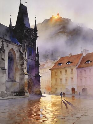 Brasov Black Church and Council Square Watercolor Canvas Print