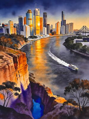 Brisbane Main Boulevard Street Scene Watercolor Canvas Print