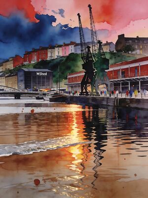 Bristol Harbourside Cranes at Sunset Watercolor Canvas Print