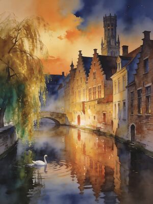 Bruges Rozenhoedkaai Canal Watercolor Canvas Print