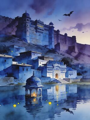 Bundi Taragarh Fort Blue Town Watercolor Canvas Print