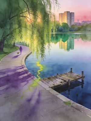 Burgess Park Lake and Willows Watercolor Canvas Print